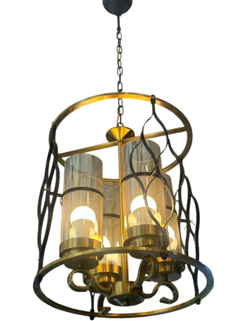 Suspension Vintage 3 Lumières – Métal Doré & Verre Ajouré