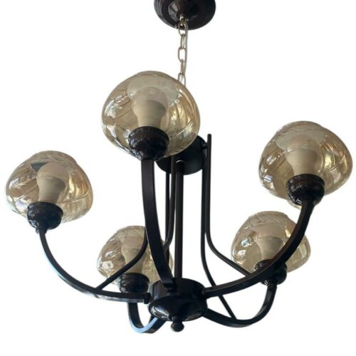 Lustre 5 branches noir & verre ambré – Style classique rétro chic