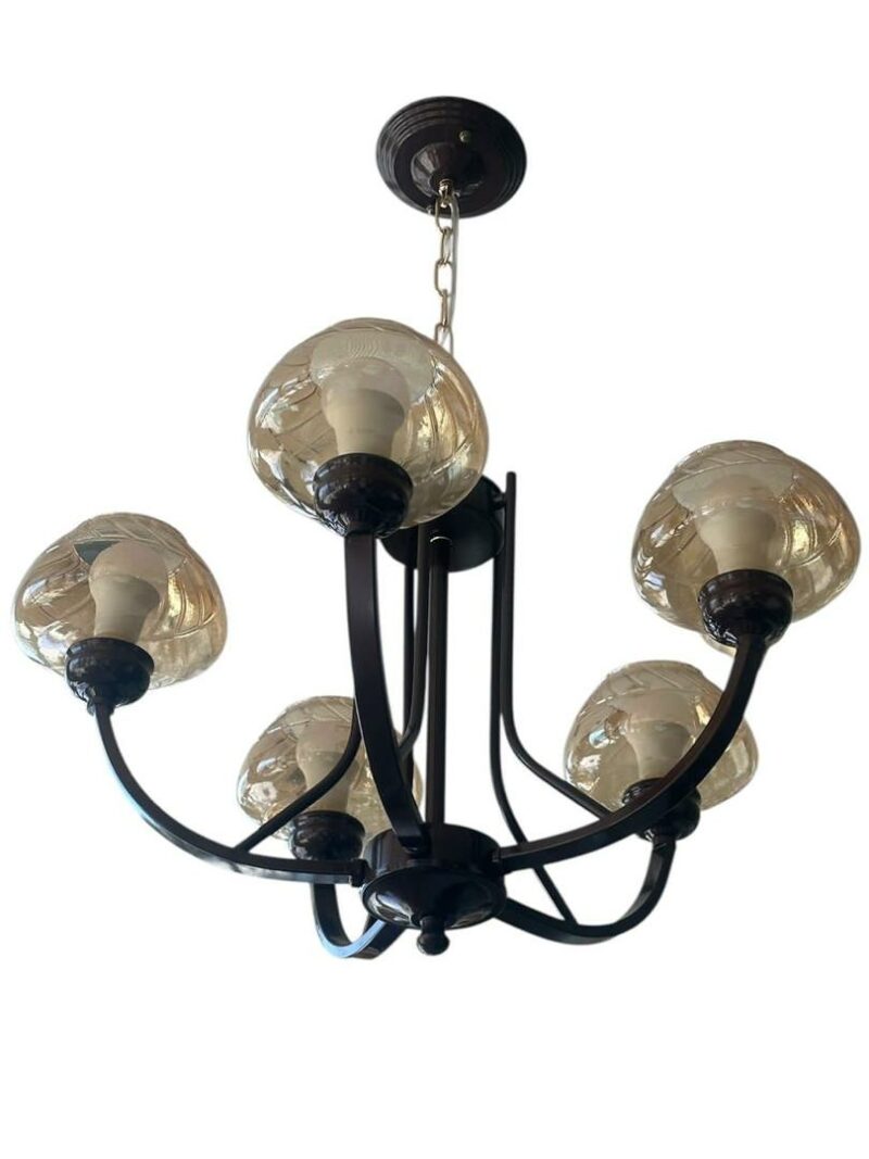 Lustre 5 branches noir & verre ambré – Style classique rétro chic