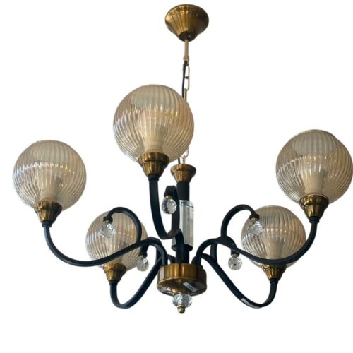 Lustre suspendu vintage 6 lumières – Métal noir, laiton doré & verre strié